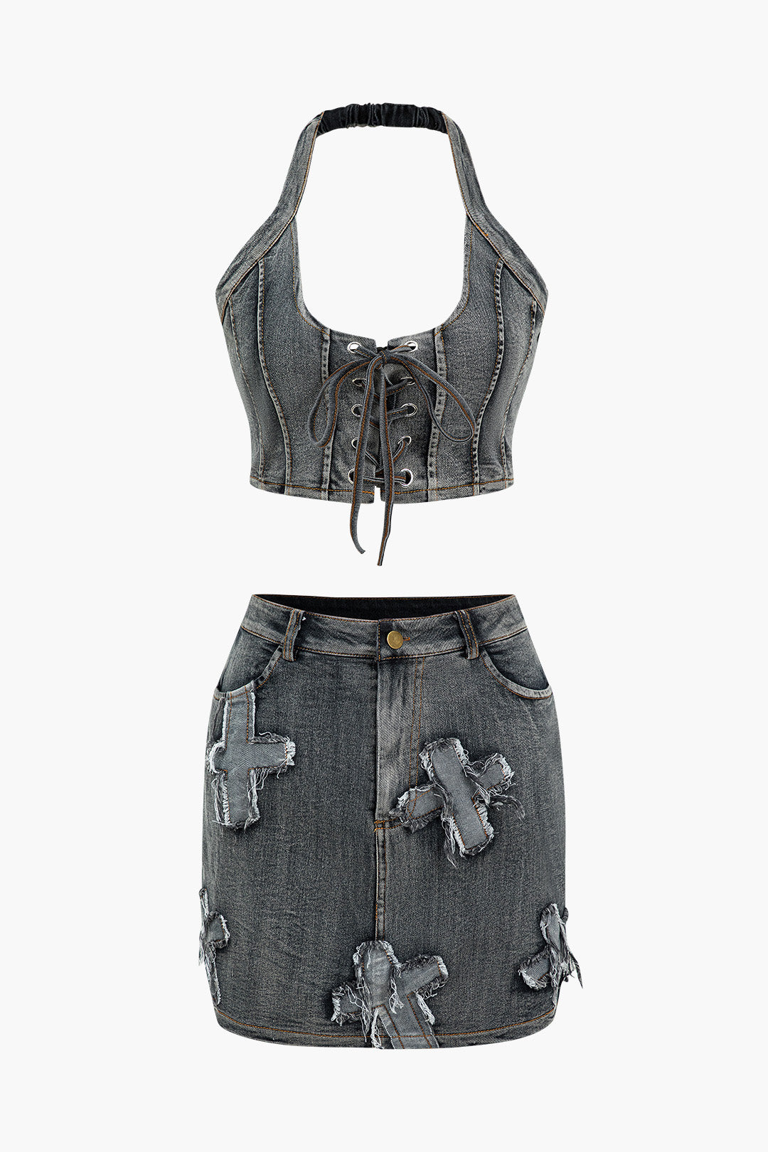 Denim Haltertop met Strikdetail en Minirok Set