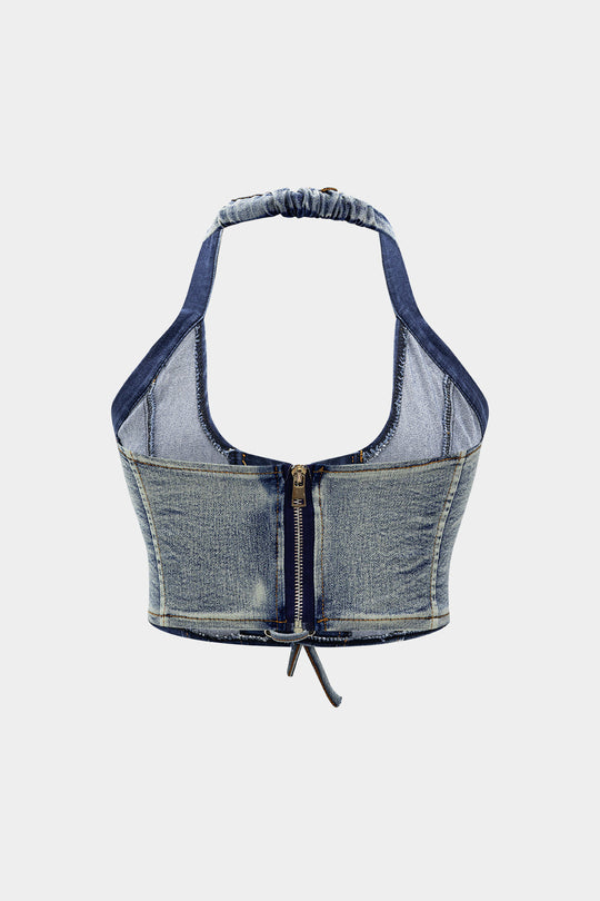 Denim Haltertop met Strikdetail en Minirok Set