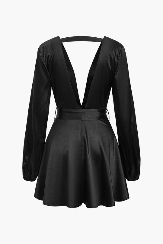 Satin Rugloze Ceintuur V-hals Mini Jurk