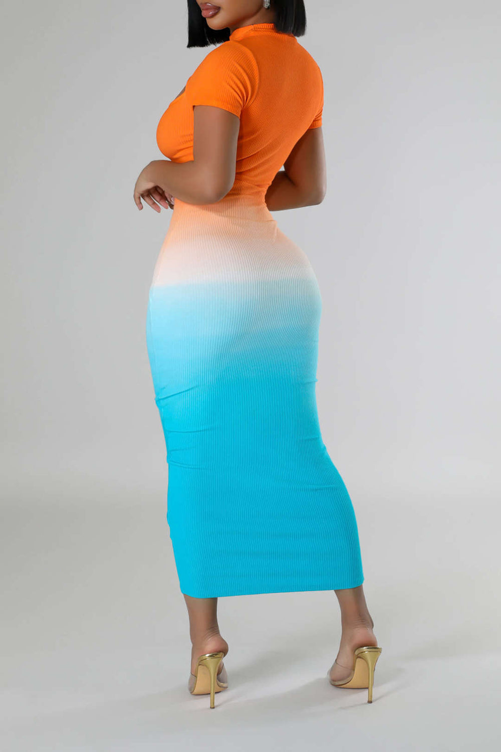 Ombre Print Ronde Hals Cut Out Korte Mouw Midi Jurk