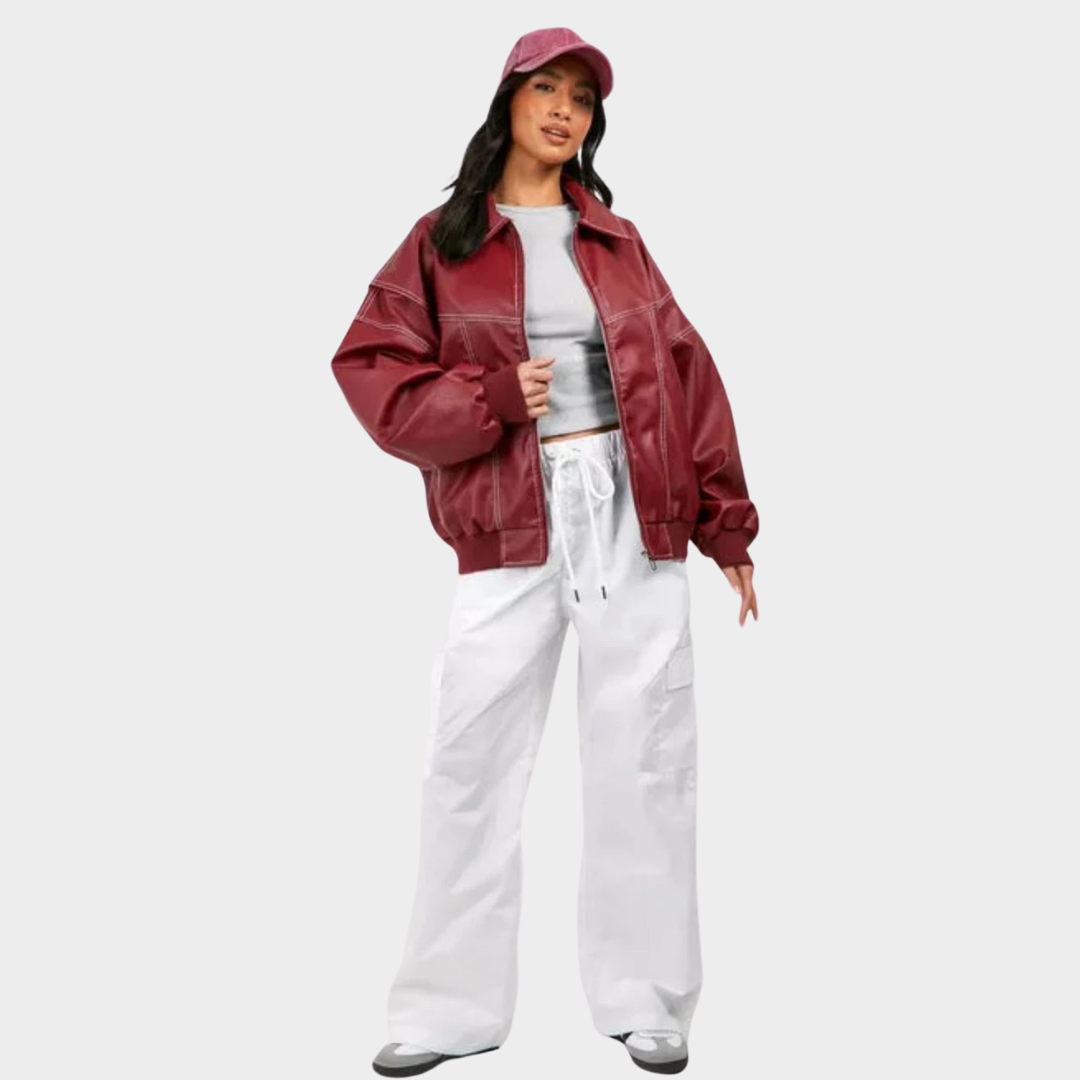Dames Oversized Bomberjack | PU Leer met Contrasterende Stiksels | Jas met Rits en Voering