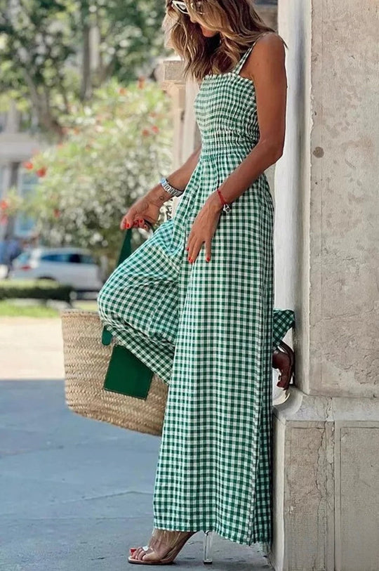Vrouwen Gingham Jumpsuit met Smocked Lijfje en Wijde Pijpen