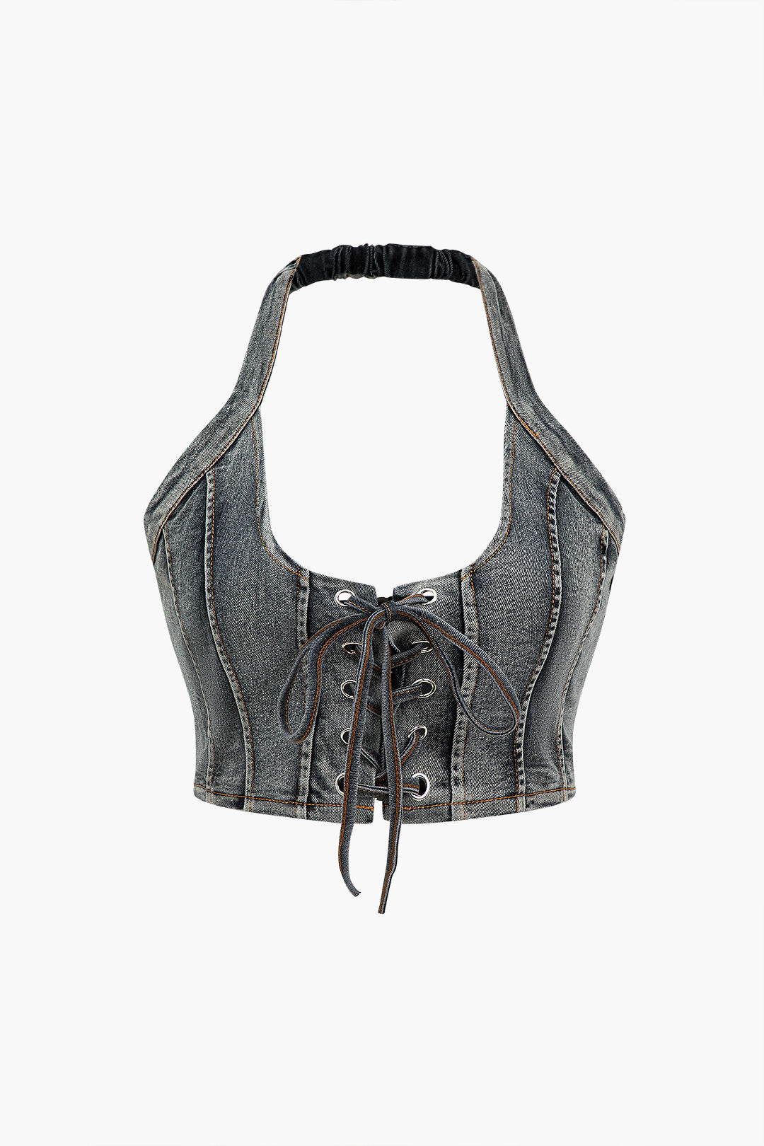 Denim Haltertop met Strikdetail en Minirok Set