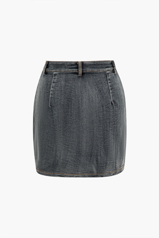 Denim Haltertop met Strikdetail en Minirok Set