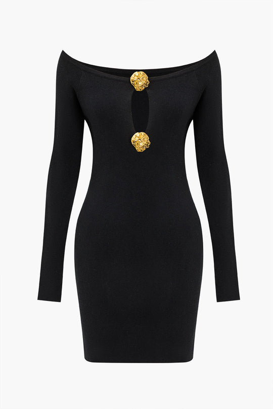 Effen Off Shoulder Knopen Ronde Hals Cut Out Mini Jurk