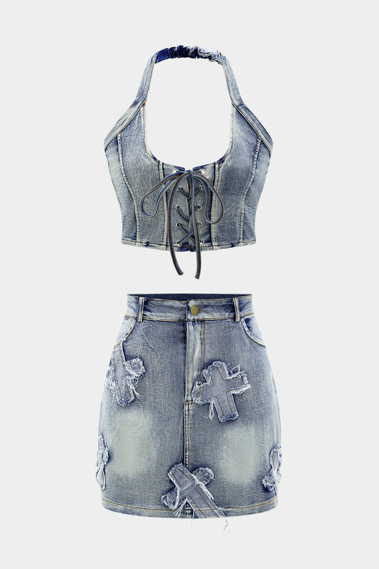 Denim Haltertop met Strikdetail en Minirok Set