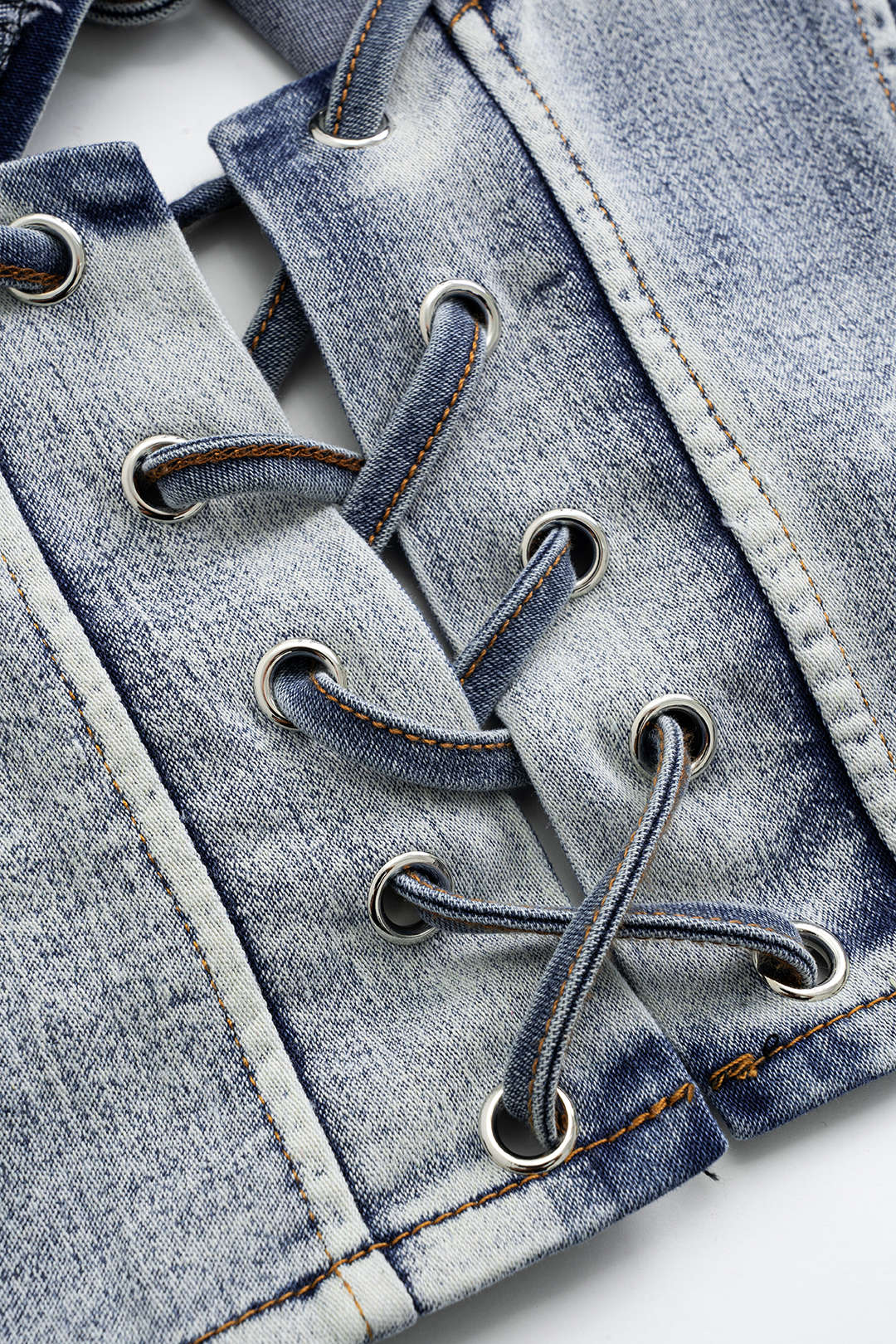 Denim Haltertop met Strikdetail en Minirok Set