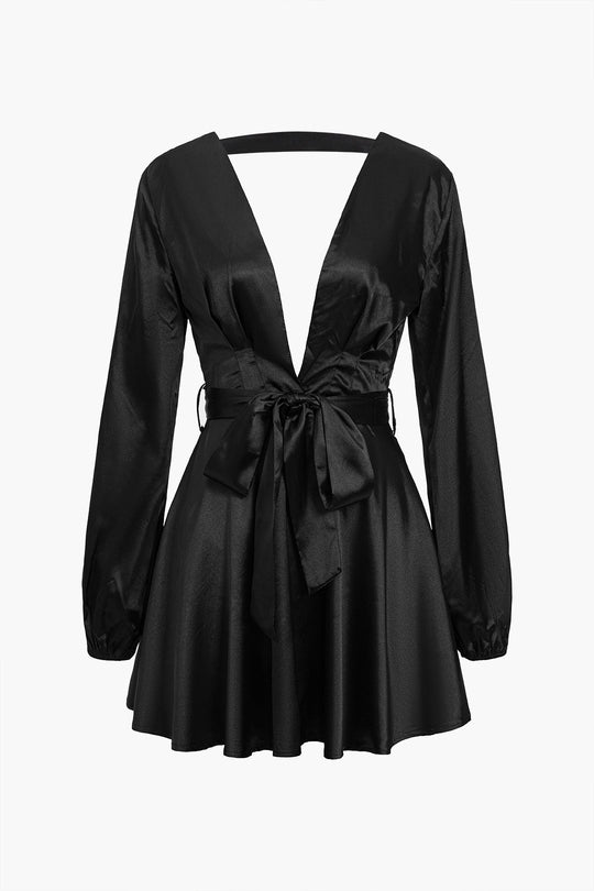 Satin Rugloze Ceintuur V-hals Mini Jurk
