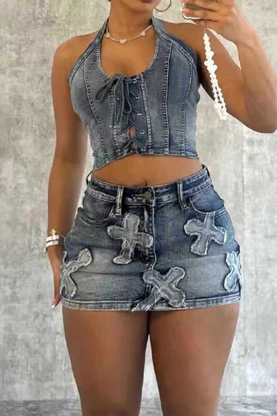Denim Haltertop met Strikdetail en Minirok Set