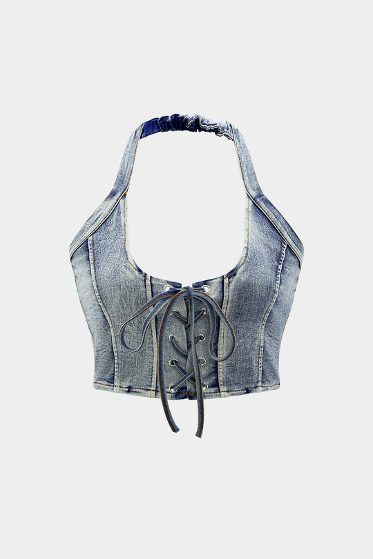 Denim Haltertop met Strikdetail en Minirok Set