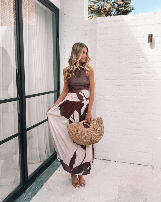 Dames | Balayage Jurk | Crème Bloemig | Bootnek | Gerimpelde Details | Maxi Lengte