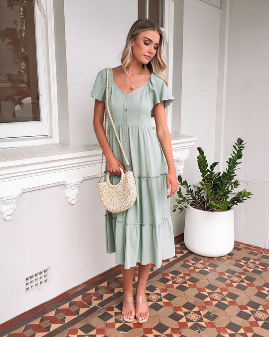 Midi Lengte | Jurk | Salie | V-Hals | Ruches Rok | Elastische Schouders | Relaxte Pasvorm