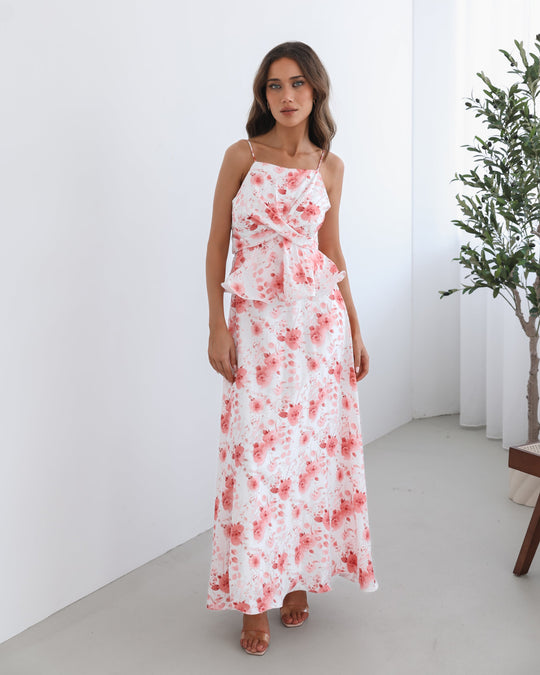 Dames | Devina Jurk | Witte Bloemen | Spaghetti Bandjes | Vierkante Halslijn | Maxi Lengte