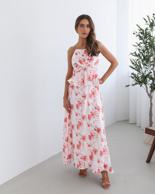 Dames | Devina Jurk | Witte Bloemen | Spaghetti Bandjes | Vierkante Halslijn | Maxi Lengte