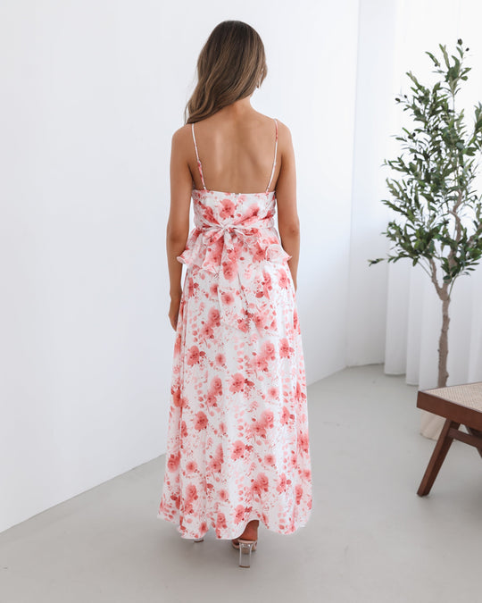 Dames | Devina Jurk | Witte Bloemen | Spaghetti Bandjes | Vierkante Halslijn | Maxi Lengte