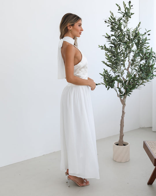 Francille Jurk | Wit |Dames | Halternek | Vloeiende Rok | Maxi Lengte