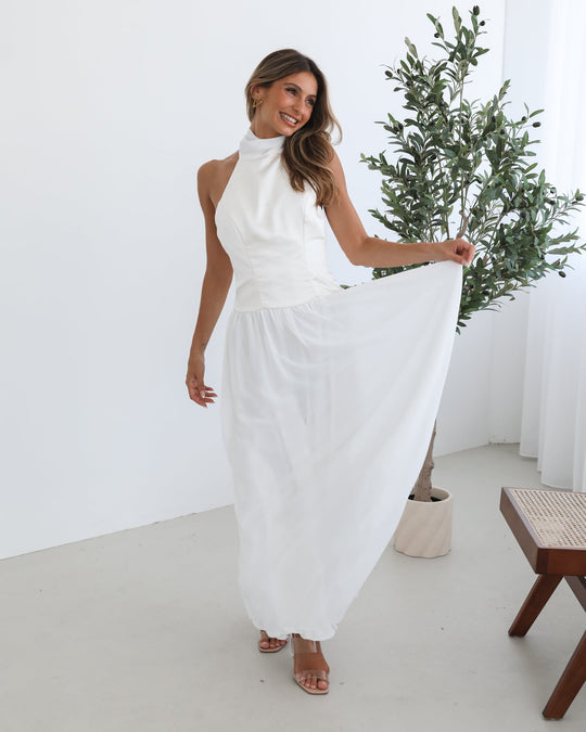 Francille Jurk | Wit |Dames | Halternek | Vloeiende Rok | Maxi Lengte