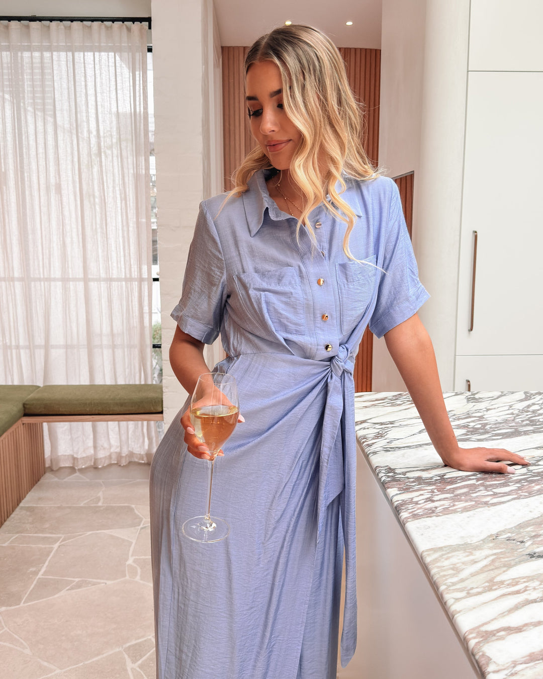 Dames | Midaxi Jurk | Overhemdkraag | Korte Mouwen | Tailleband | A-lijn Rok | Stijlvol