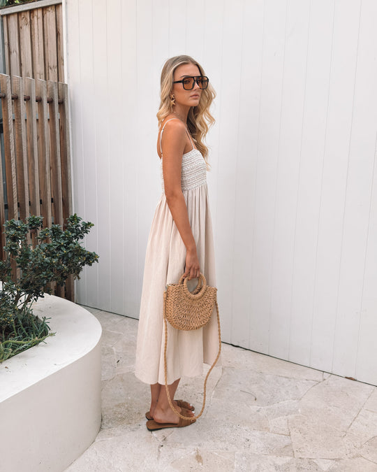 Dames | Maxi Jurk | Spaghettibandjes | Vierkante Hals | Smock Lijfje | A-lijn Rok | Zijzak | Comfortabel