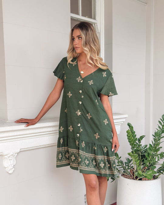 Vrouw | Jurk | V-Hals | Korte Mouwen | Zijzak | Knie Lengte | Print