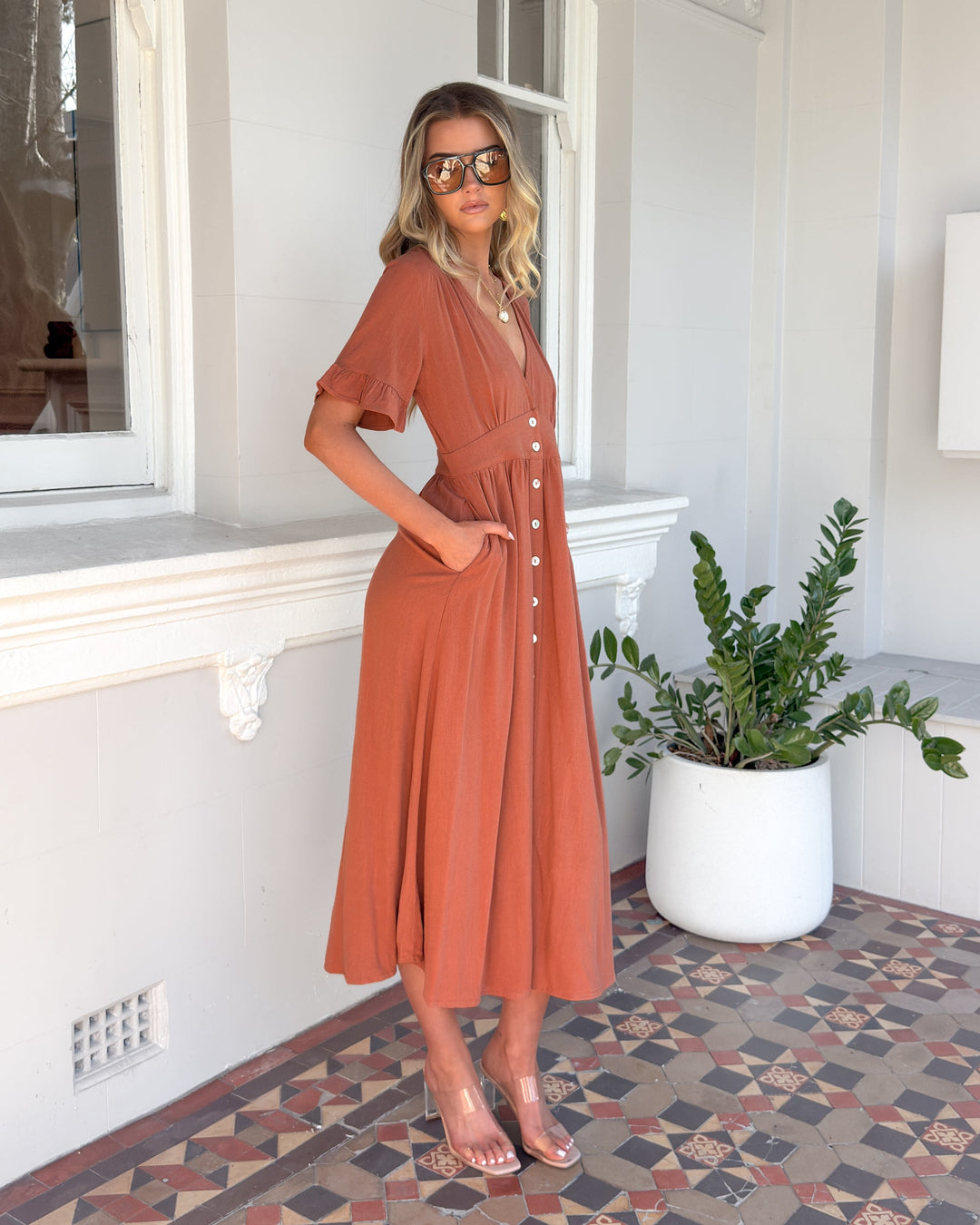 Roest | Midi Jurk | V-Hals | Franje Mouwen | Relaxte Pasvorm | Knoopdetails | Zomer