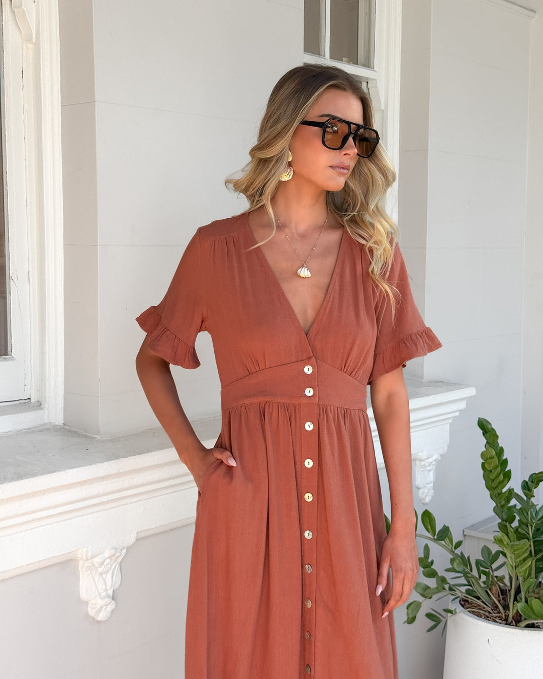 Roest | Midi Jurk | V-Hals | Franje Mouwen | Relaxte Pasvorm | Knoopdetails | Zomer