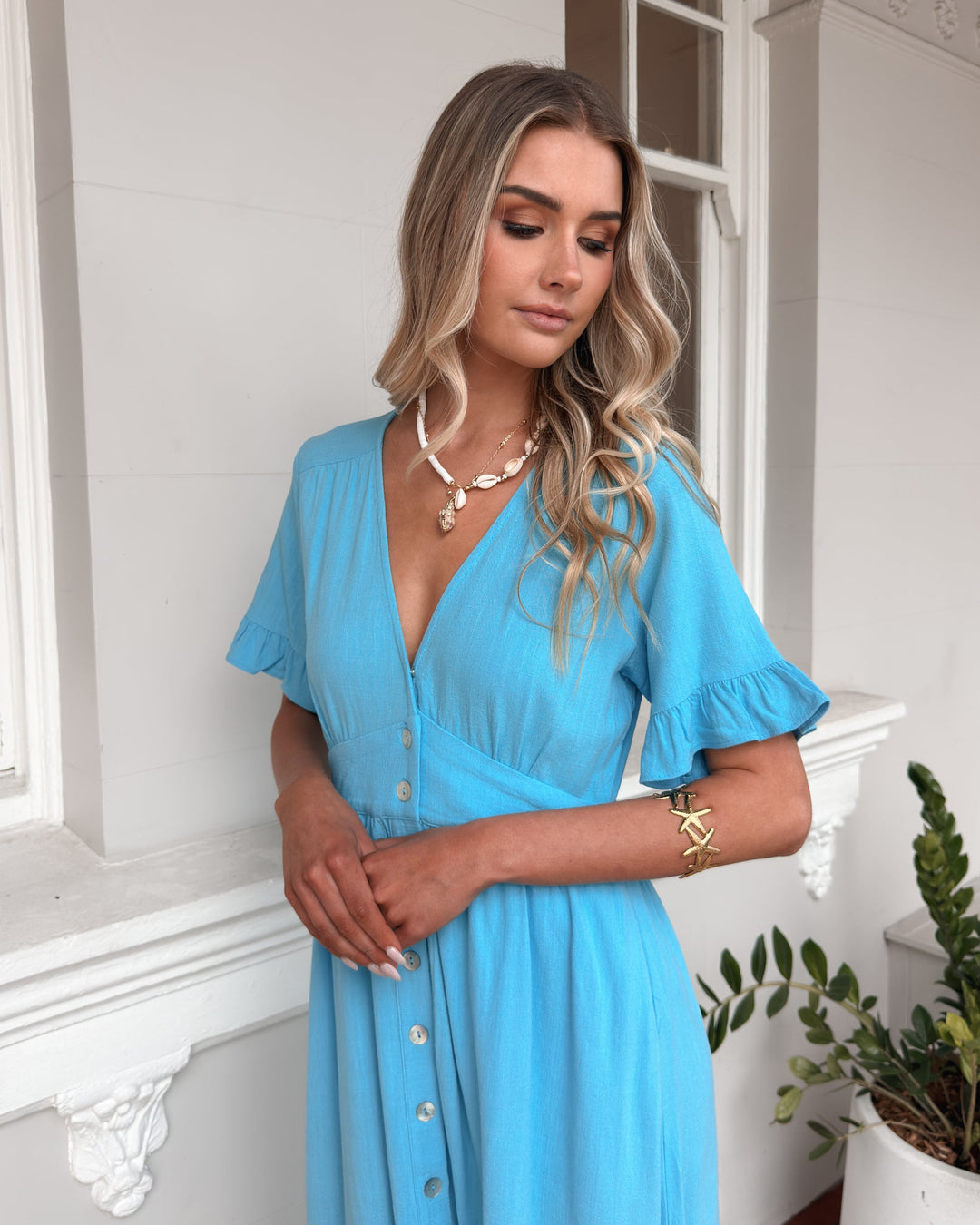 Midi Jurk | Luchtblauw | V-Hals | Franje Mouwen | Relaxte Pasvorm | Knoopdetails | Zomer