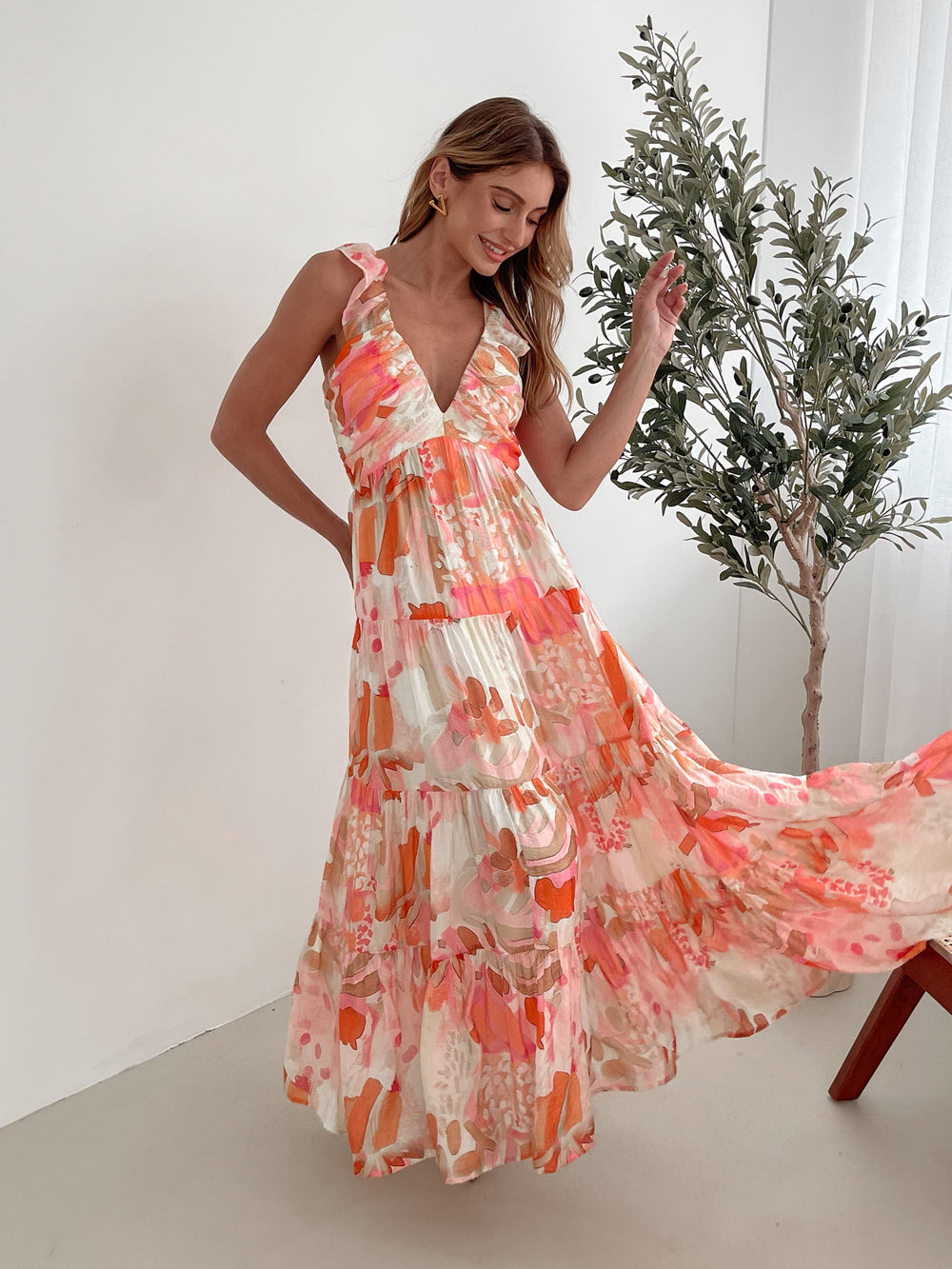 Dames | Mariel Jurk | Bloemmotief | Franje Mouwen | Diepe Halslijn | Maxi Lengte