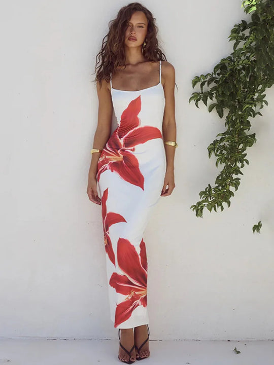 Dames Maxi Jurk met Bloemenprint en Dunne Schouderbandjes
