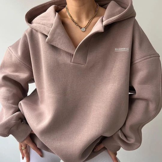 Dames Oversized Pullover Hoodie met Open V-Hals Kraag Ontwerp