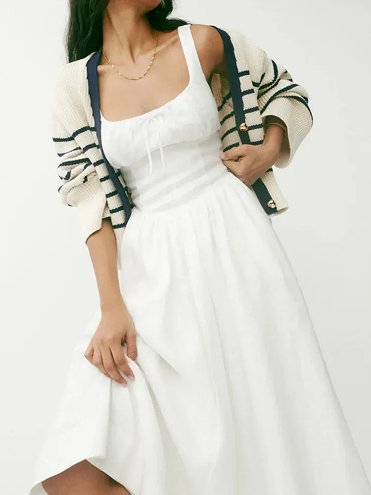 Dames linnen midi jurk met spaghettibandjes