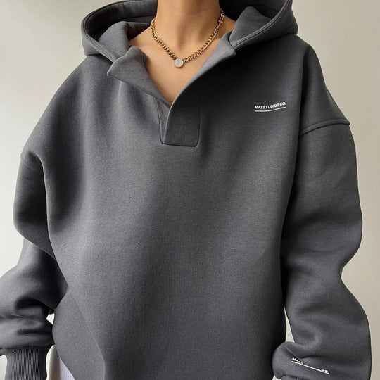 Dames Oversized Pullover Hoodie met Open V-Hals Kraag Ontwerp