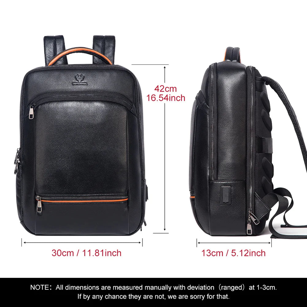 Runderleren Laptop Rugzak | Duurzame Business Rugzak met USB Oplaadpoort | Multifunctionele Reistas