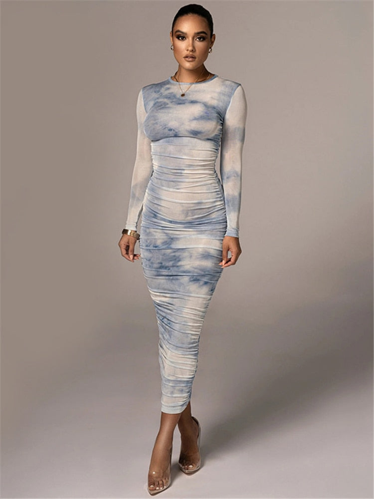 Jurk met Rimpel Effect en Lange Mouwen