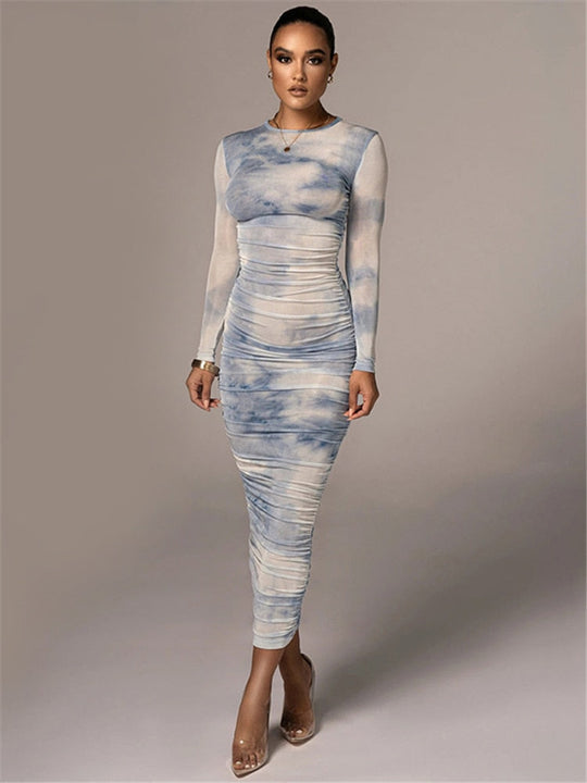 Jurk met Rimpel Effect en Lange Mouwen