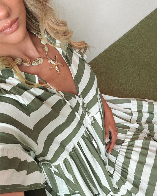 Vrouw | Jurk | Strik Halslijn | Knoopsluiting | Flodder Mouwen | Gelaagde Rok | Knie Lengte | Streep