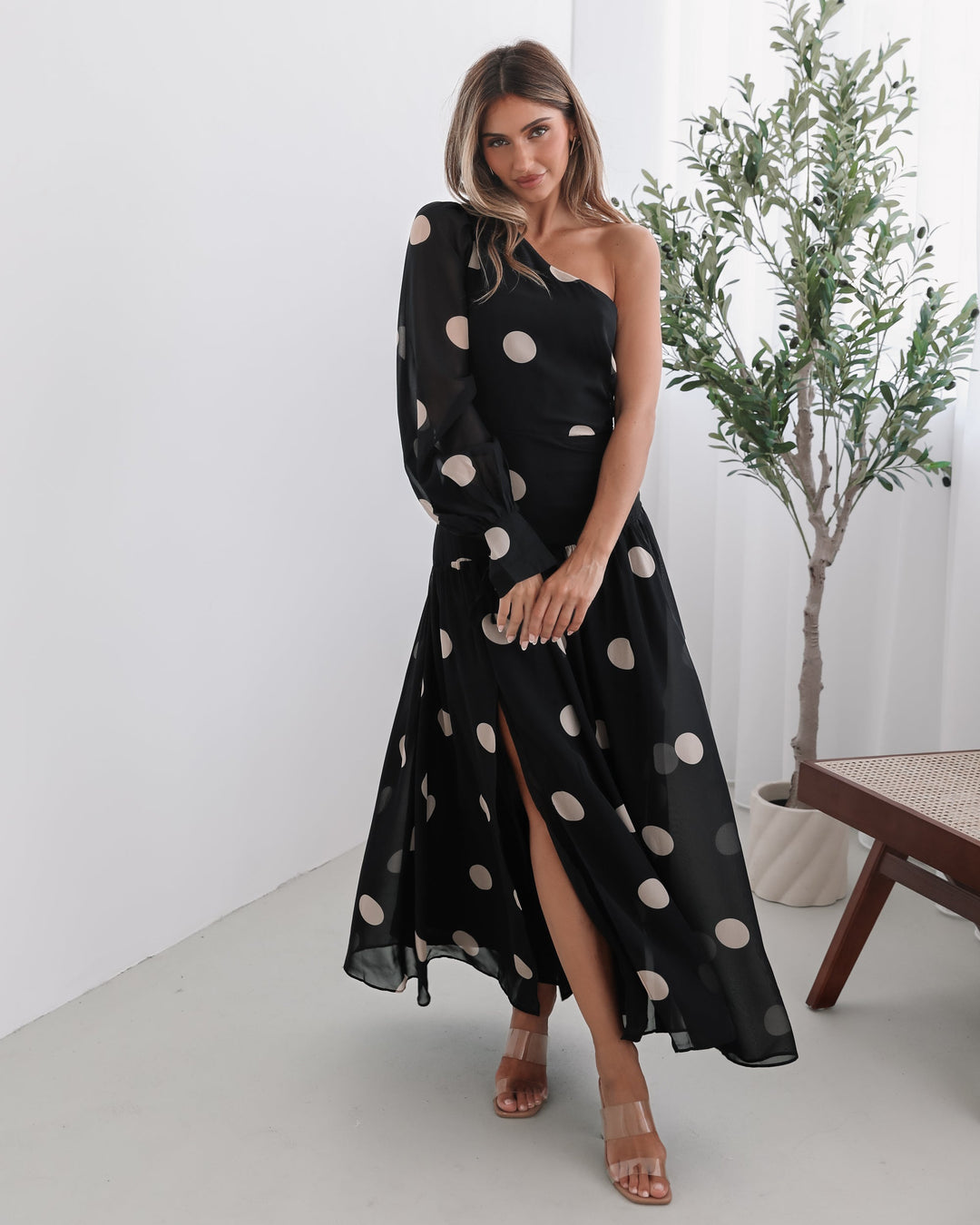 Dames | Serenella Jurk | Schouderhalslijn | Eén Lange Mouw | Ruches Taille | Maxi Lengte