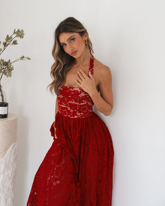 Halternek | Dames | Shira Jurk | Rode Print | Vloeiende Rok | Maxi Lengte