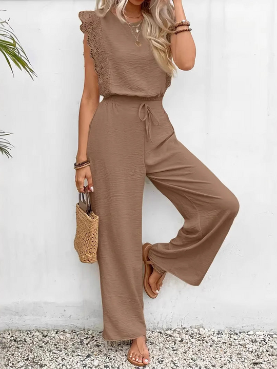 Dames Mouwloze Jumpsuit met Kantafwerking en Touwtjes in de Taille
