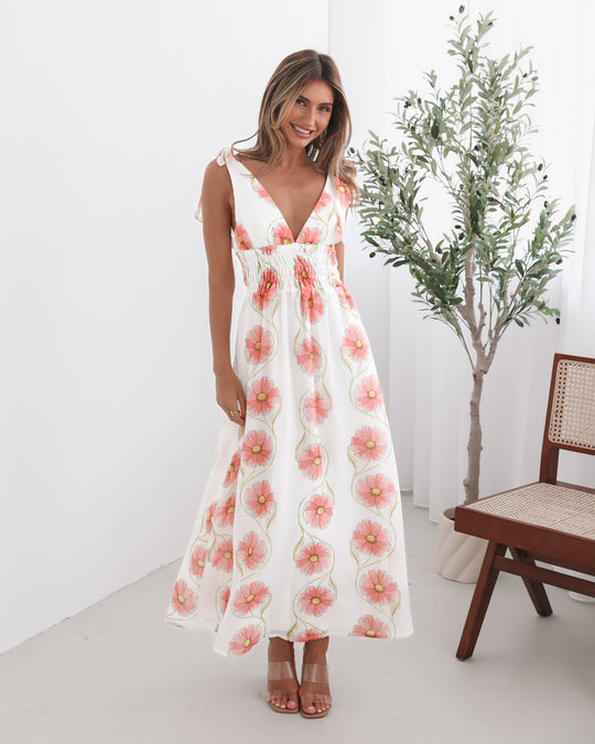 Dames | Vivia Jurk | Strikbandjes | Diepe Halslijn | Smocking Taille | Maxi Lengte