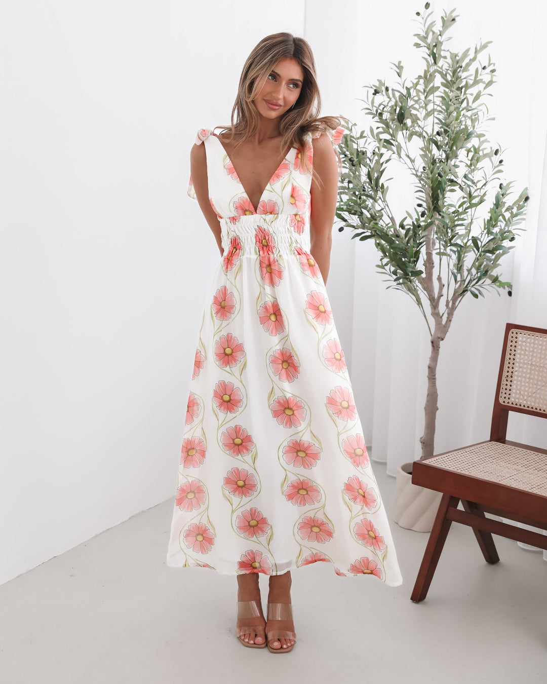 Dames | Vivia Jurk | Strikbandjes | Diepe Halslijn | Smocking Taille | Maxi Lengte