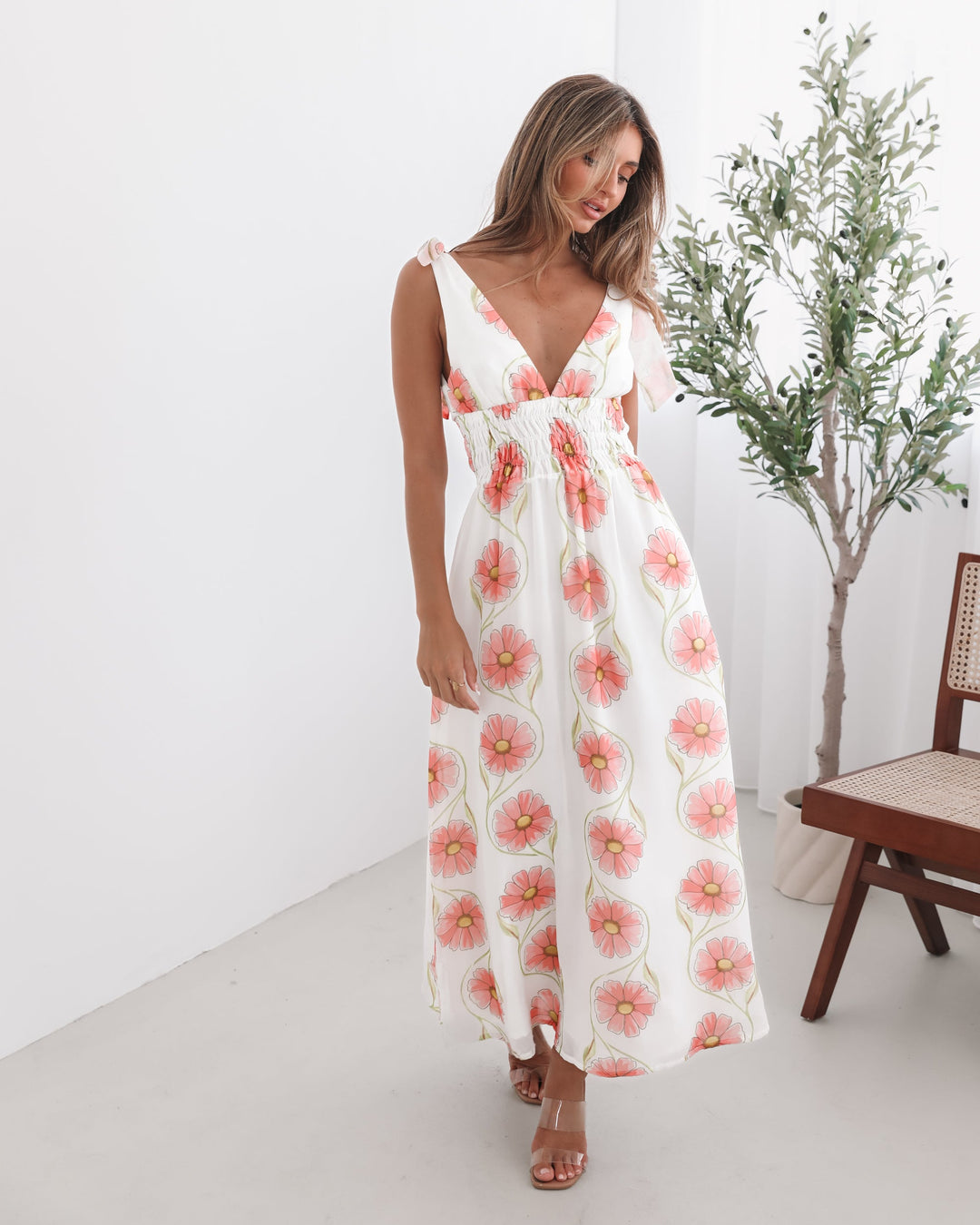 Dames | Vivia Jurk | Strikbandjes | Diepe Halslijn | Smocking Taille | Maxi Lengte