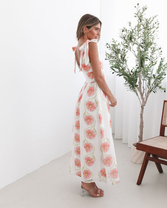 Dames | Vivia Jurk | Strikbandjes | Diepe Halslijn | Smocking Taille | Maxi Lengte