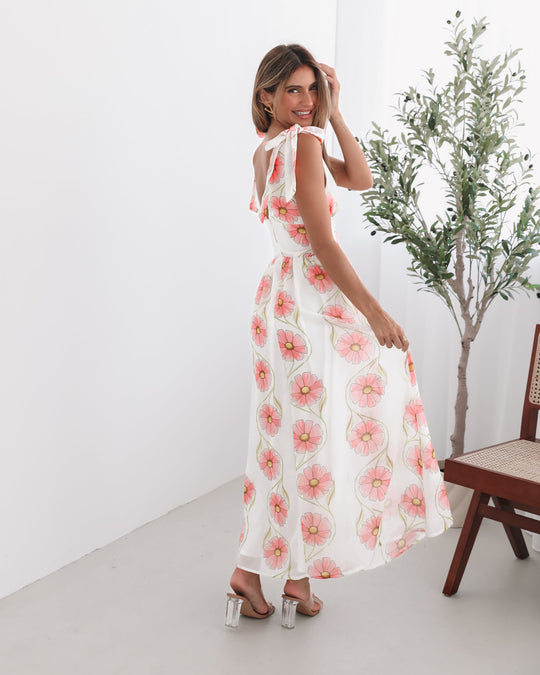 Dames | Vivia Jurk | Strikbandjes | Diepe Halslijn | Smocking Taille | Maxi Lengte