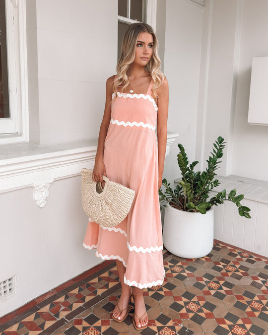 Vrouw | Jurk | Bandjes | Vierkante Halslijn | A-Lijn Rok | Midaxi Lengte | Roze Multi