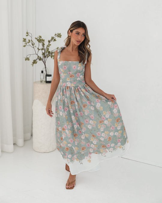 Muntbloem | Dames | Zyrelise Jurk | Strikbandjes | Vierkante Halslijn | Maxi Lengte