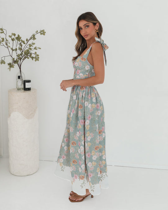 Muntbloem | Dames | Zyrelise Jurk | Strikbandjes | Vierkante Halslijn | Maxi Lengte