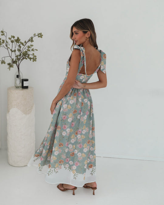 Muntbloem | Dames | Zyrelise Jurk | Strikbandjes | Vierkante Halslijn | Maxi Lengte