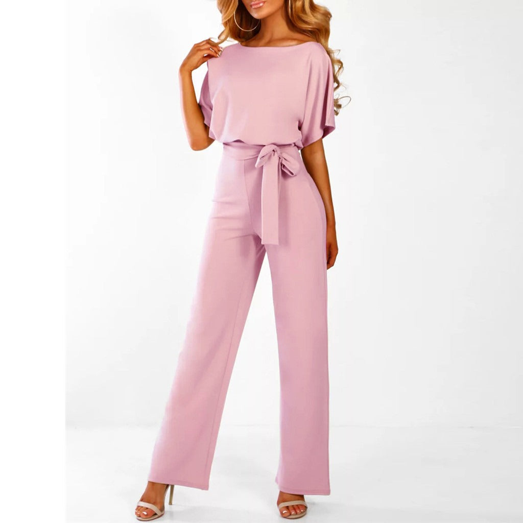 Elegante Dames Jumpsuit met Ceintuur en Wijde Pijpen en Korte Mouwen