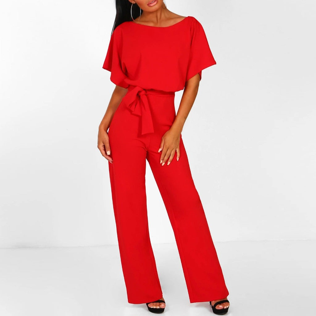 Elegante Dames Jumpsuit met Ceintuur en Wijde Pijpen en Korte Mouwen